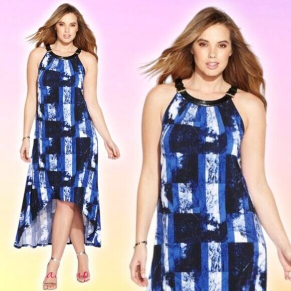 MICHAEL Michael Kors Hi-Low Abstract Maxi Sundress Sz XS Belt Buck Neckline - Picture 1 of 9